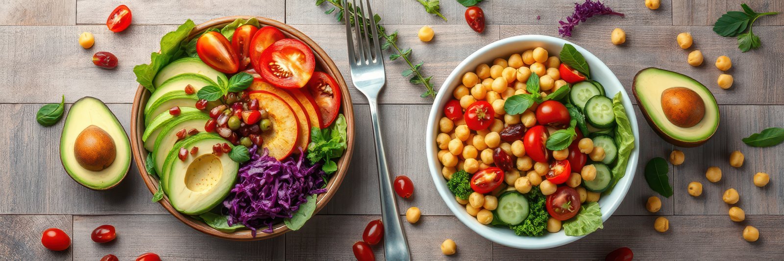 Vibrant salad bowls featuring fresh vegetables and fruits on a wooden table in natural light